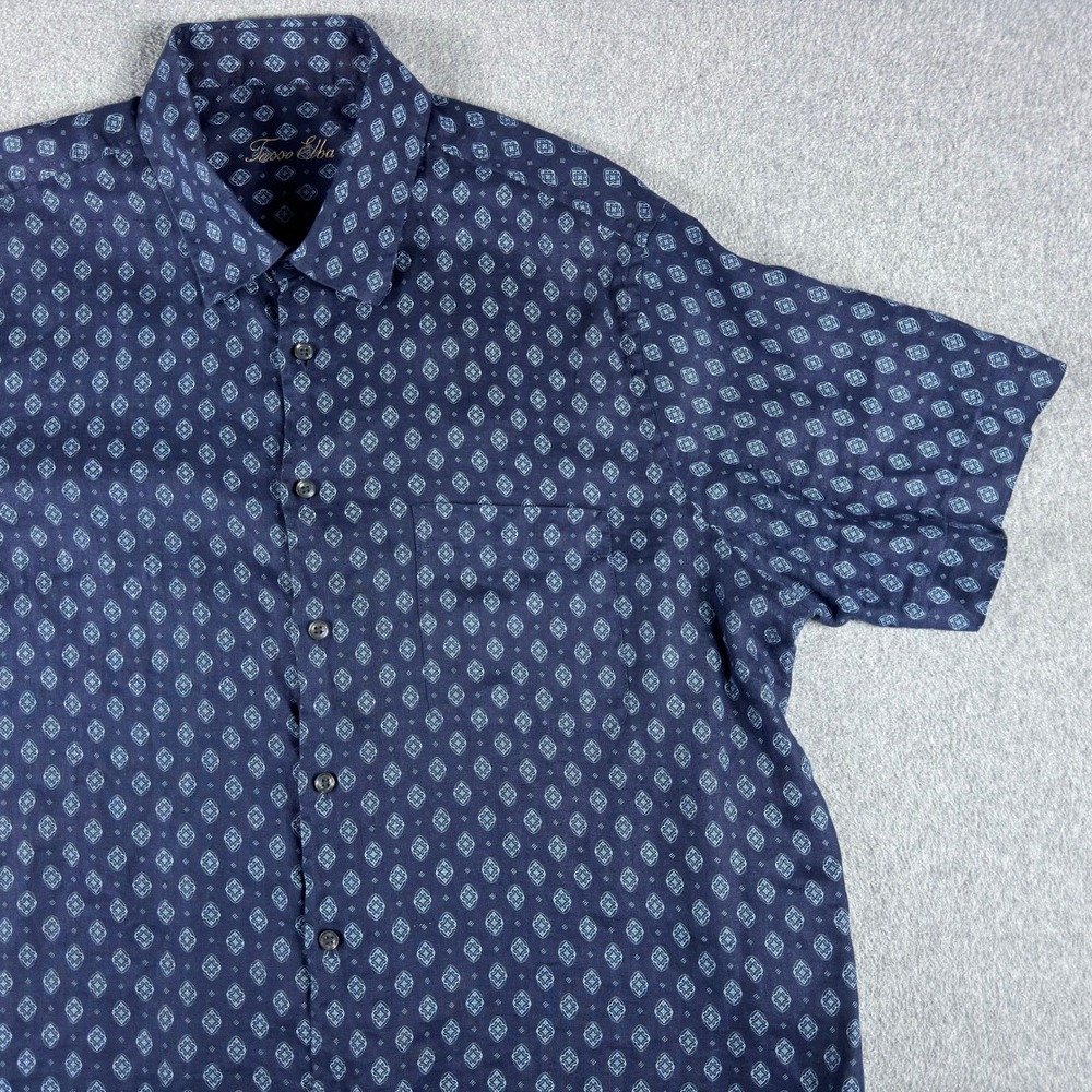 Tasso Elba Shirt Mens XL Blue 100% Linen Geometric Button Up Short Sleeve